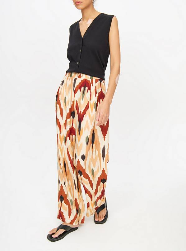 Beige Abstract Ikat Dye Wide Leg Trousers  10